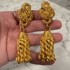 MASSIVE Chunky Gold Gilt Rope Tassel Clip On Earrings Bold 80s Runway Couture